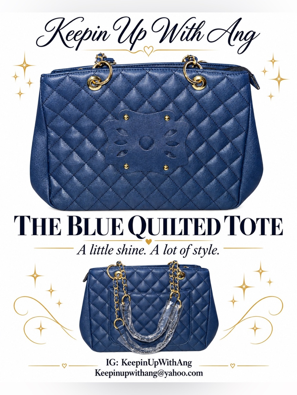 Blue Quilted Tote with Gold Chain Straps